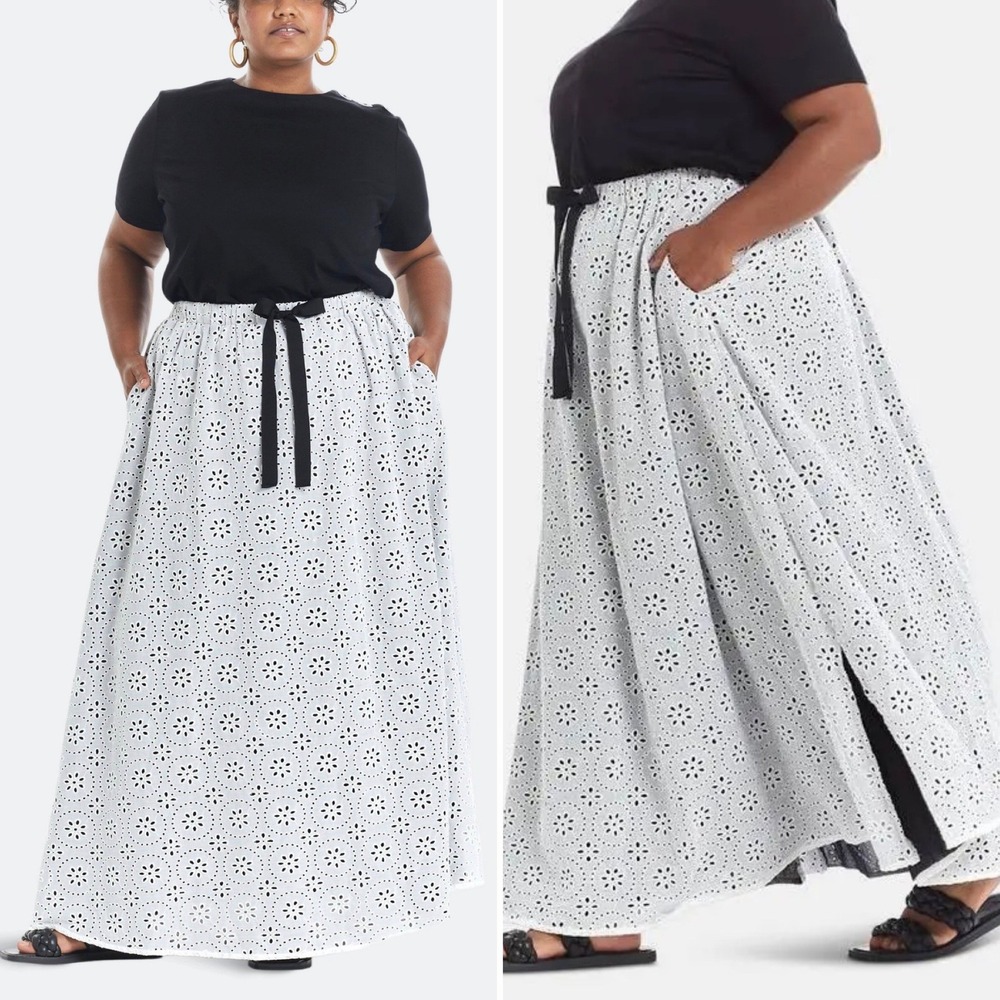 Pari‎ Passu Egret White Cotton Eyelet Maxi Skirt Floral Embroidery Pockets Sz 20